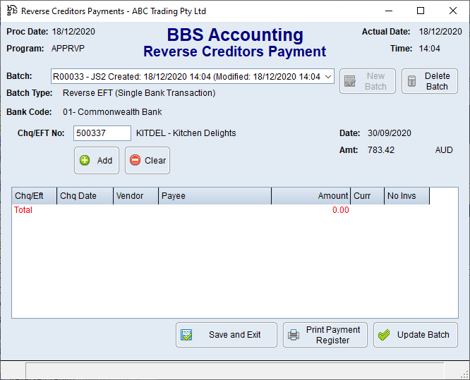 Reverse Creditors Payment Screen Reverse Creditors Payment Screen