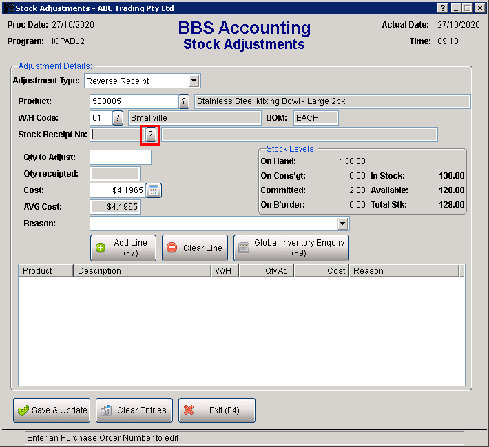 Stock Adjustments - Reverse Receipt Screen Stock Adjustments - Reverse Receipt Screen