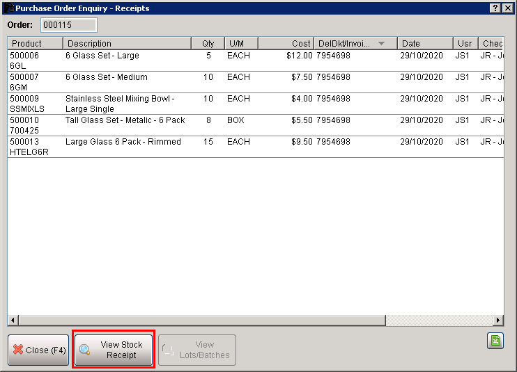 Purchase Order Enquiry - Receipts Screen