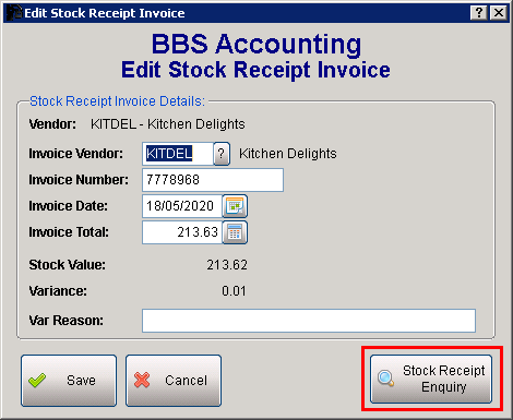 Edit Stock Receipt Invoice Screen