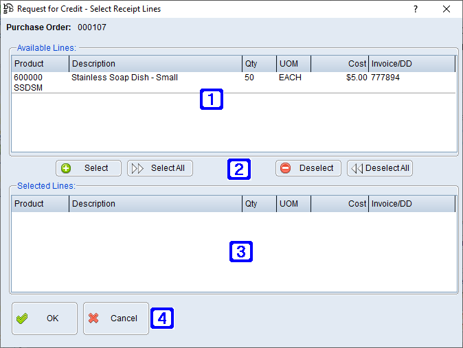 Request for Credit - Select Receipt Lines Screen Request for Credit - Select Receipt Lines Screen