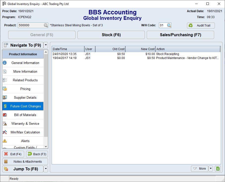 Future Cost Changes Tab Future Cost Changes Tab