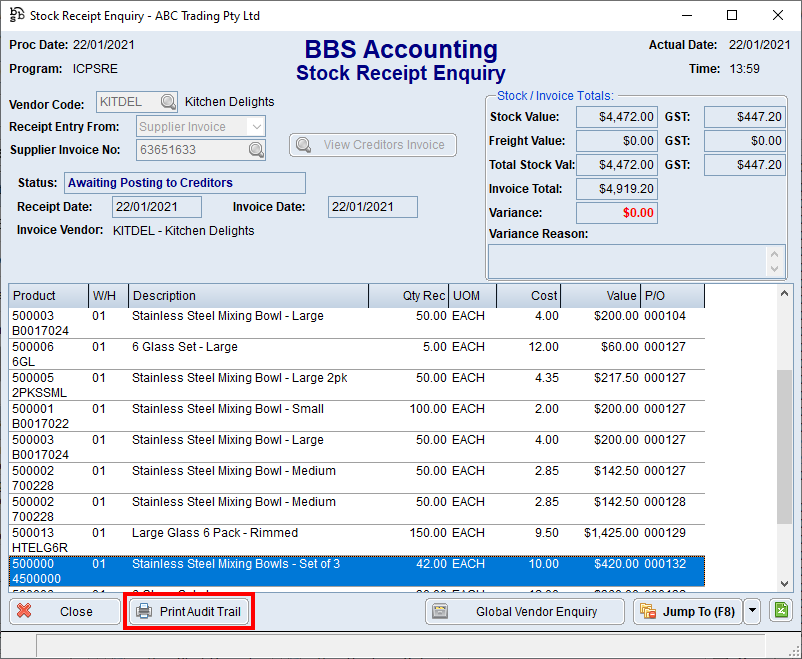 Stock Receipt Enquiry Screen