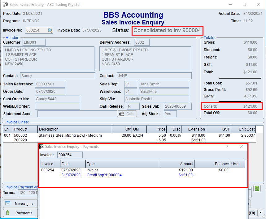 Example: Sales Invoice Enquiry of an internal invoice that has been replaced by a consolidated invoice Example: Sales Invoice Enquiry of an internal invoice that has been replaced by a consolidated invoice