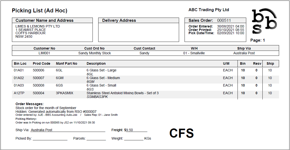 Example of Picking List (Ad Hoc)