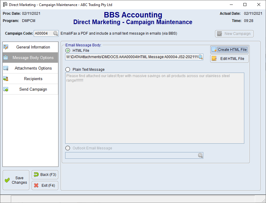 Direct Marketing - Campaign Maintenance Screen