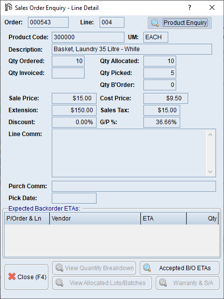 Sales Order Enquiry - Line Detail