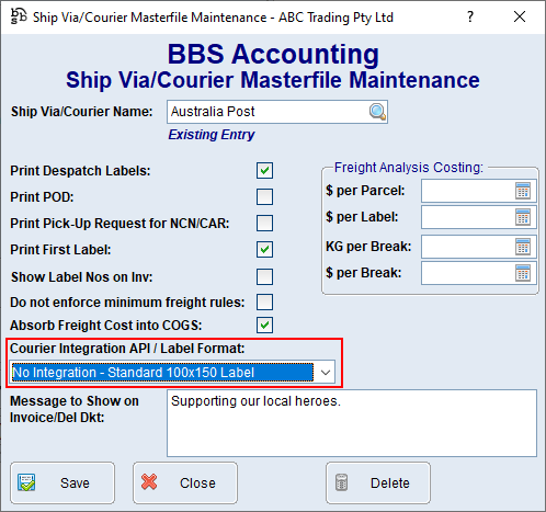 Ship Via/Courier Masterfile Maintenance Screen