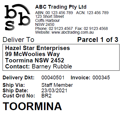 Example of 100 x 150 (A6) despatch label