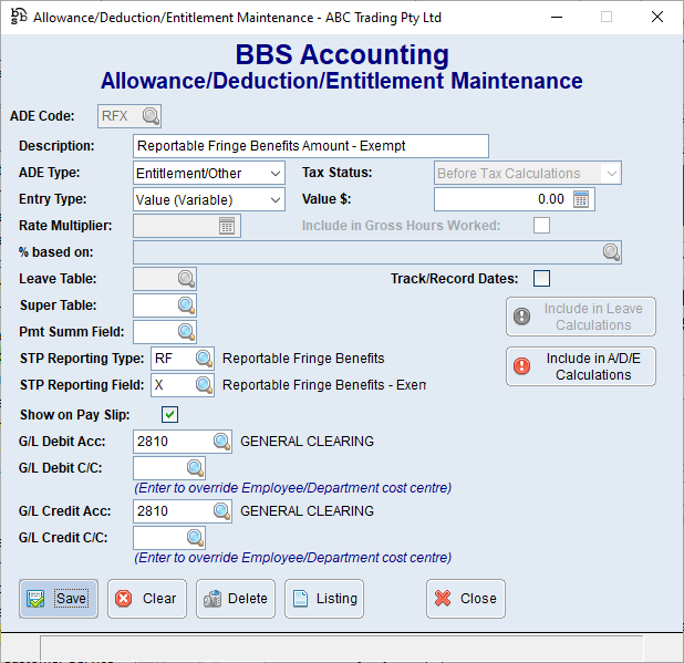 Reportable Fringe Benefits ADE Code - Tax Exempt
