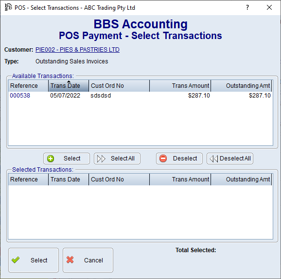 POS Payment - Select Transactions Screen