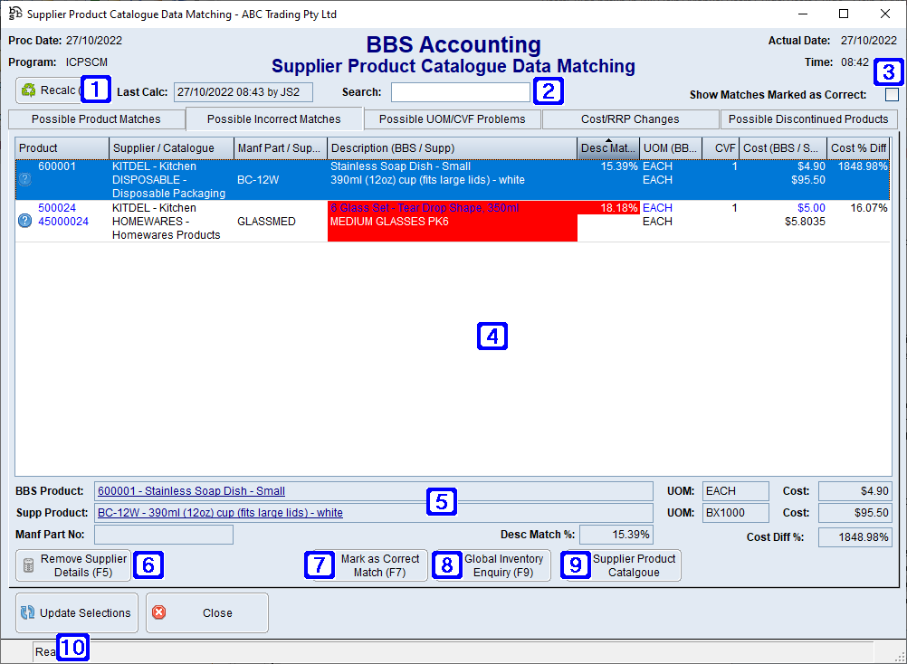 Supplier Product Catalogue Data Matching - Possible Incorrect Matches Tab Screen Supplier Product Catalogue Data Matching - Possible Incorrect Matches Tab Screen