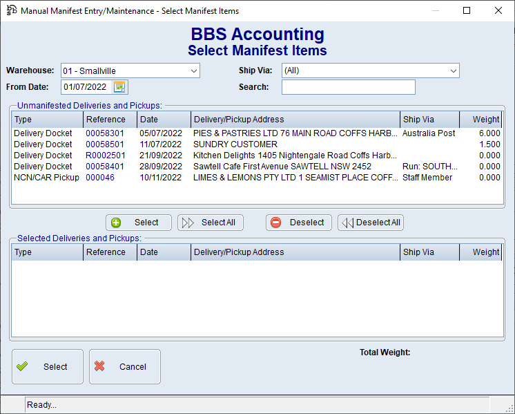 Select Manifest Items Screen Select Manifest Items Screen