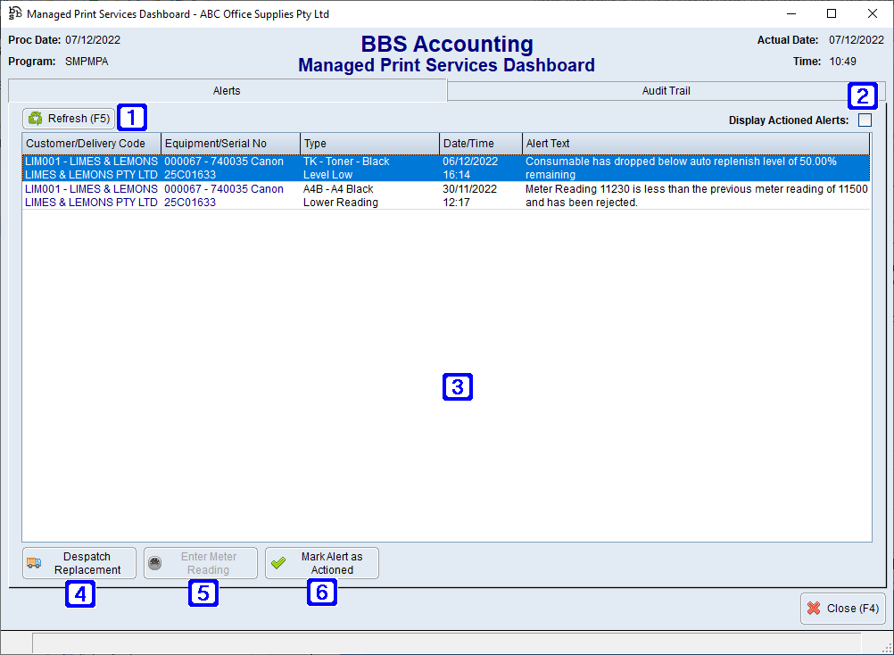 Managed Print Services Dashboard - Alerts Tab Screen