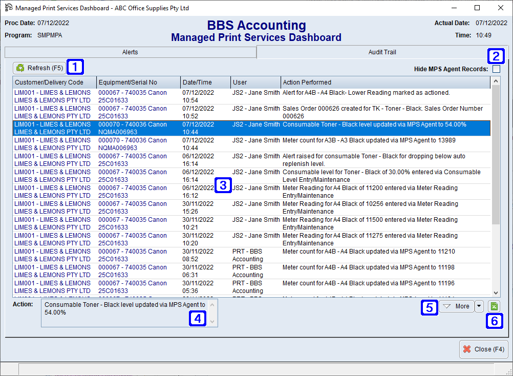 Managed Print Services Dashboard - Audit Trail Tab Screen