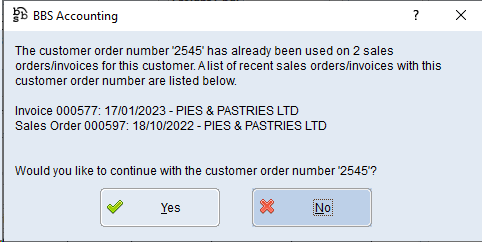 Example of Duplicate Customer Order Number warning for POS Transactions Example of Duplicate Customer Order Number warning for POS Transactions