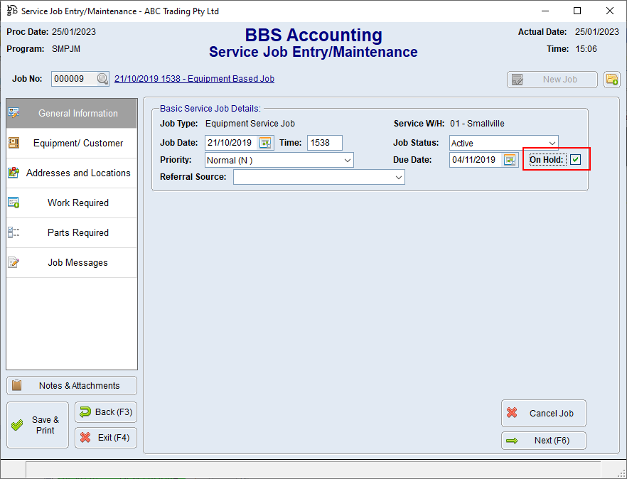 Service Job Entry/Maintenance General Information Tab Screen Service Job Entry/Maintenance General Information Tab Screen
