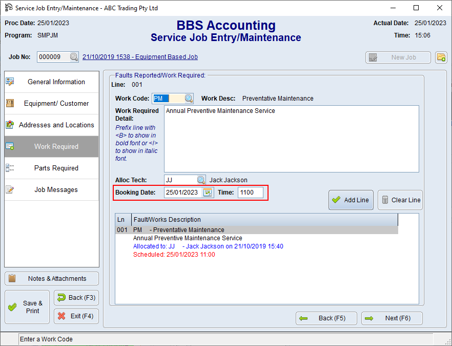 Service Job Entry/Maintenance - Work Required Tab Screen Service Job Entry/Maintenance - Work Required Tab Screen