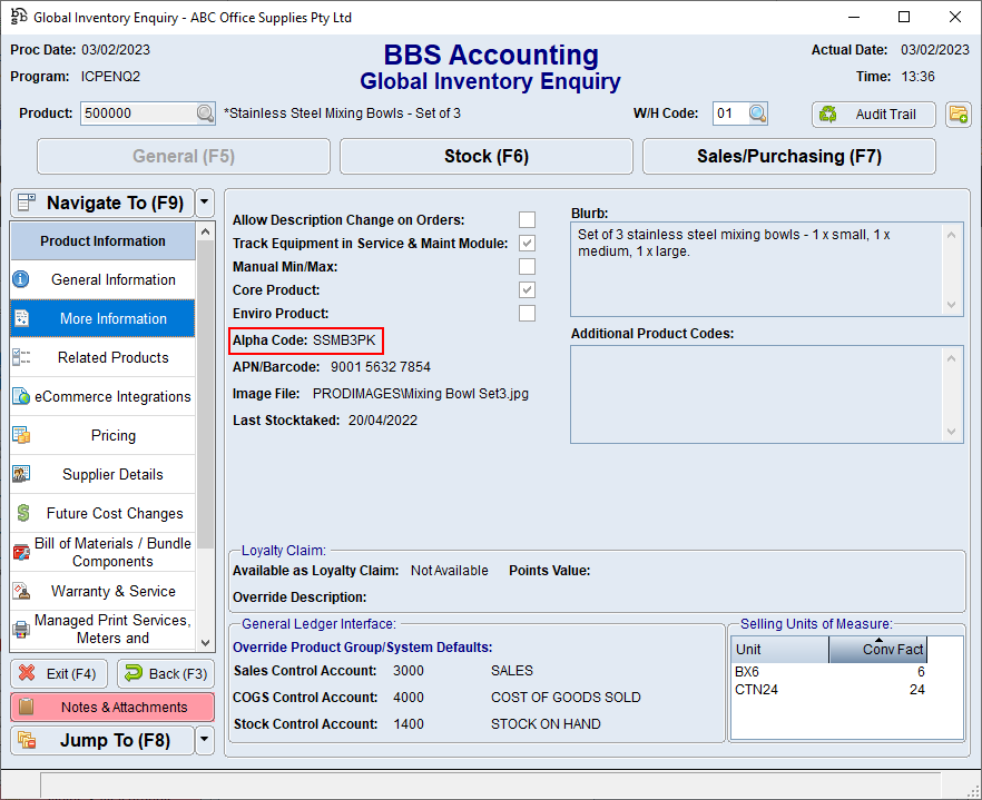 Global Inventory Enquiry - More Information Tab Screen