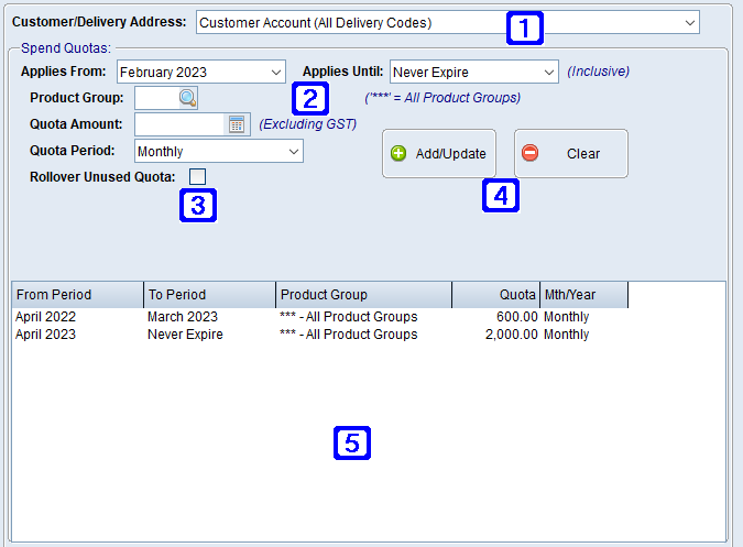 Customer Spend Quotas Tab Screen
