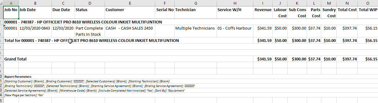 Example Service Jobs - Works in Progress Report