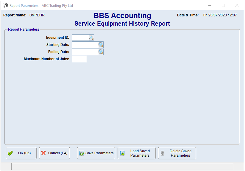 Service Equipment History Report Screen Service Equipment History Report Screen