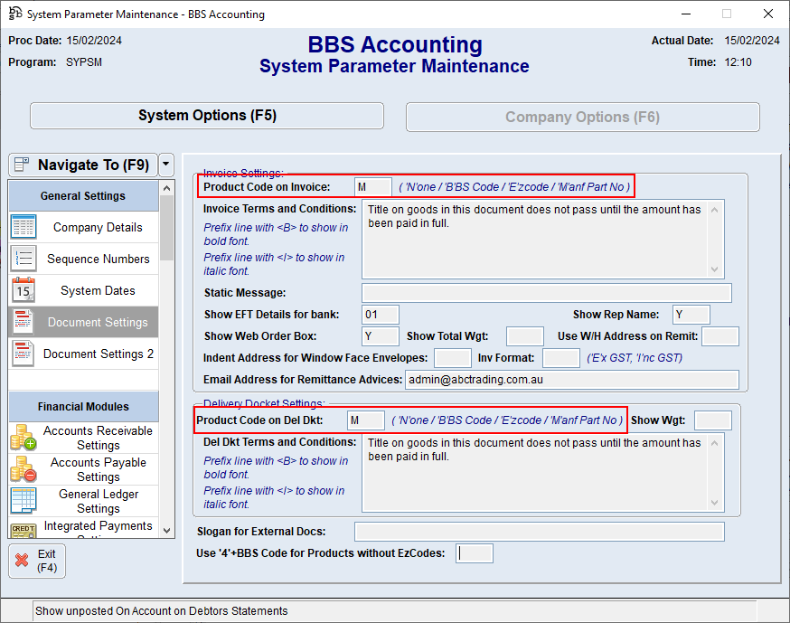System Parameter Maintenance - Document Settings Screen System Parameter Maintenance - Document Settings Screen