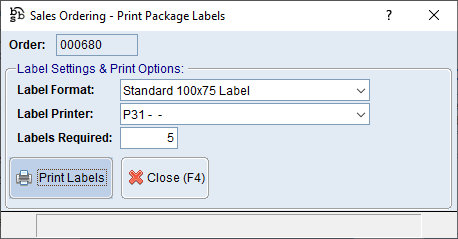 Sales Ordering - Print Package Labels Screen