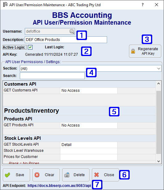 API User/Permission Maintenance Screen API User/Permission Maintenance Screen