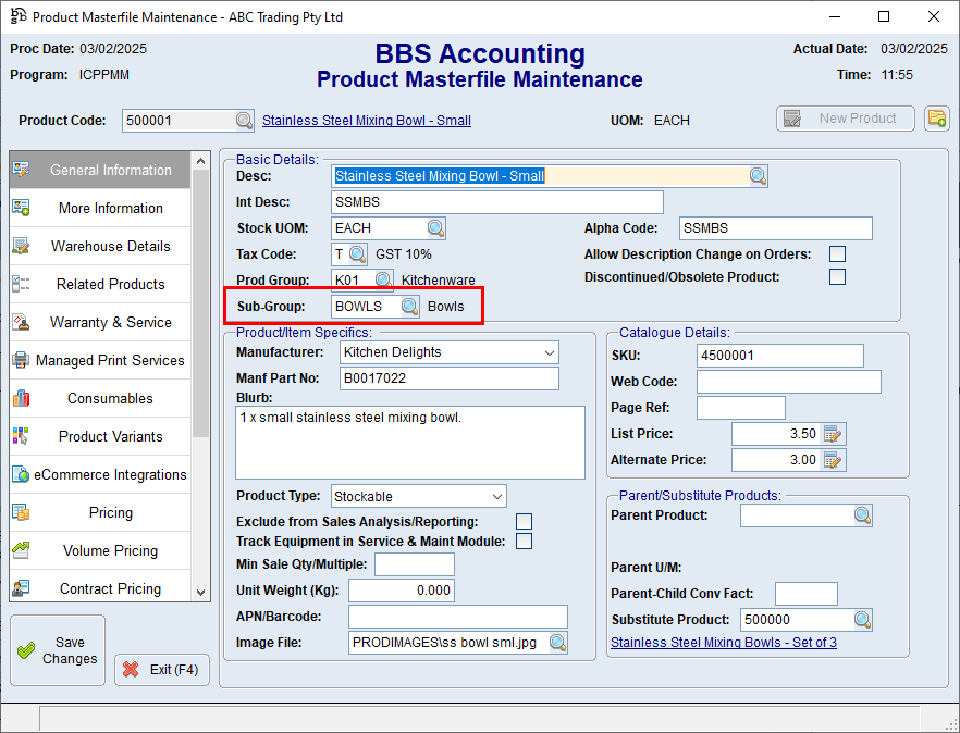 Product Masterfile Maintenance - General Information Tab Screen