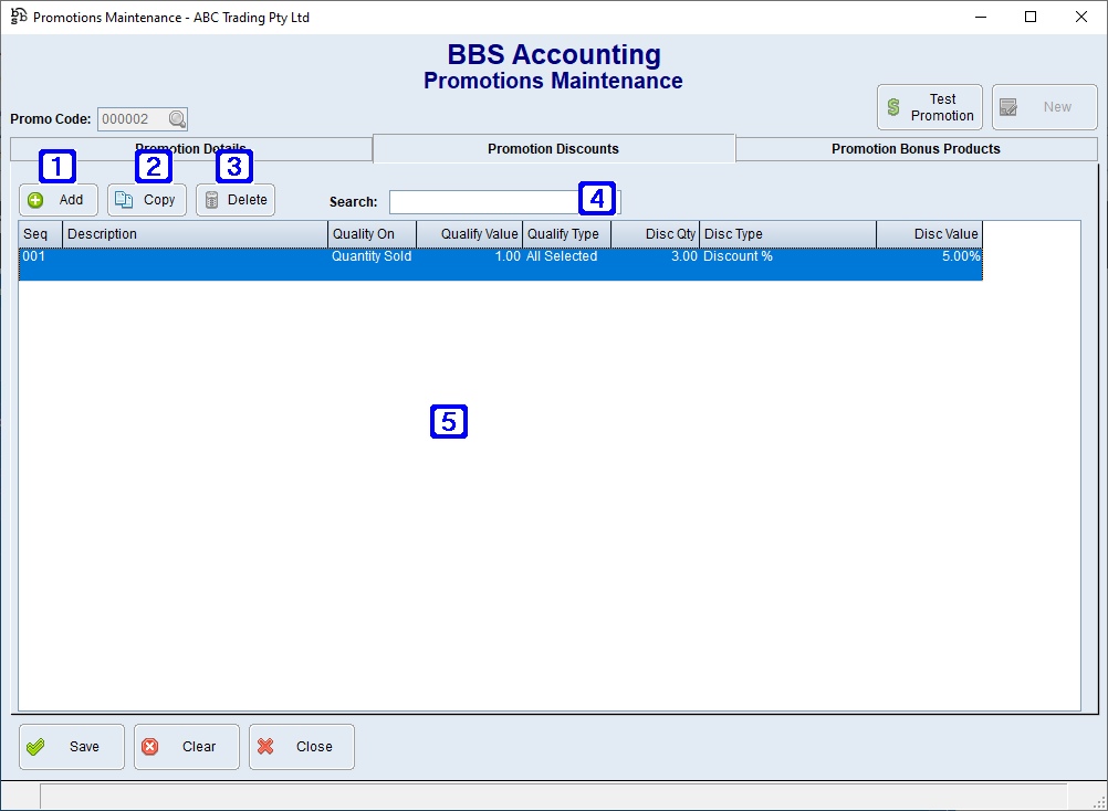 Promotions Maintenance - Promotion Discounts Screen
