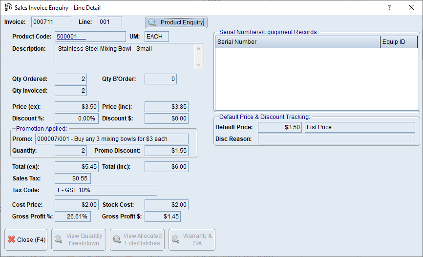 Sales Invoice Enquiry - Line Detail Screen