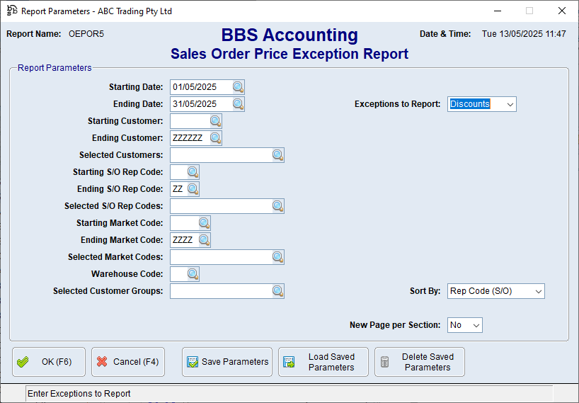 Sales Order Price Exception Report Screen Sales Order Price Exception Report Screen