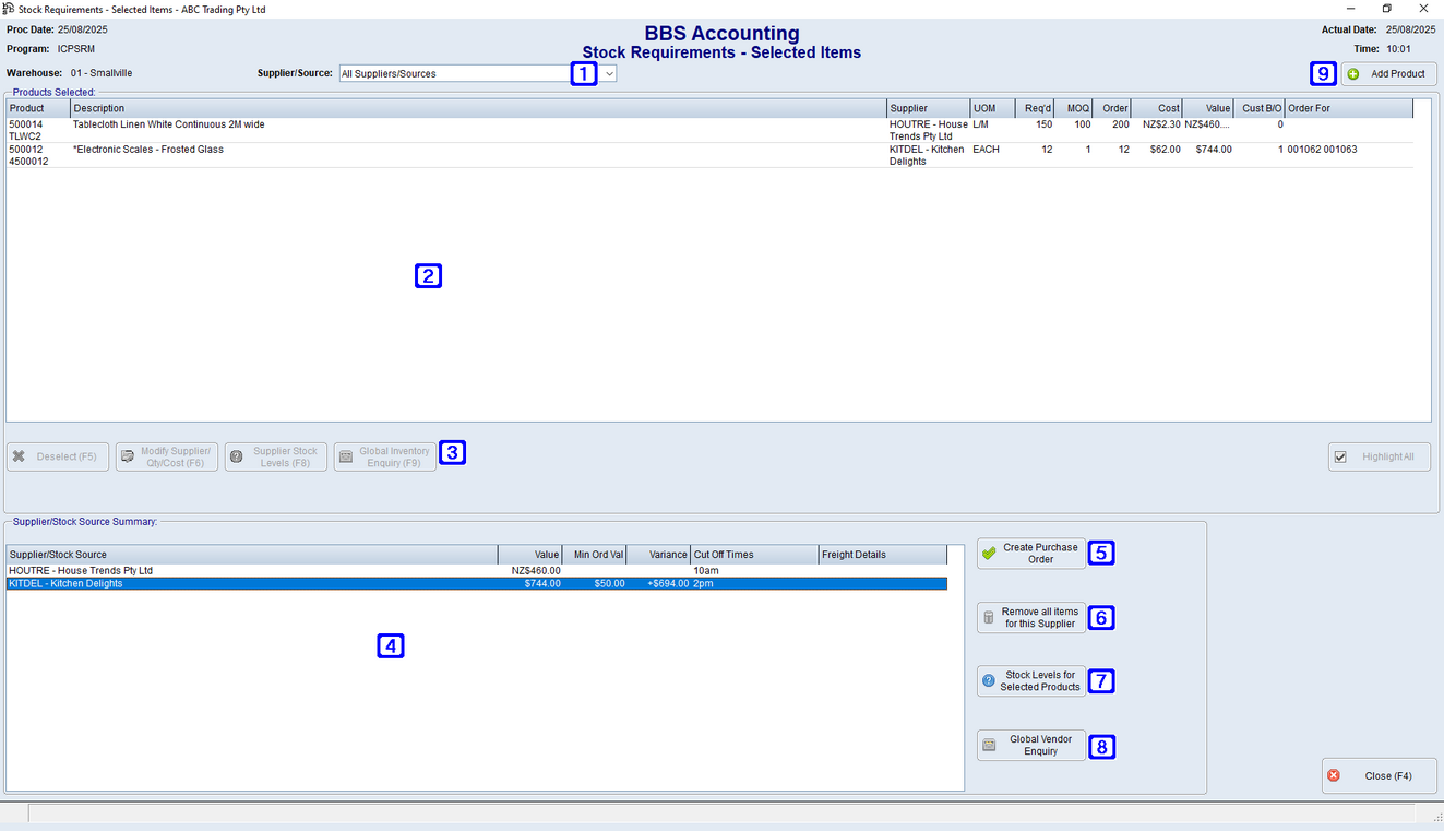 Stock Requirements - Selected Items Screen