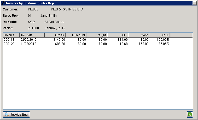 Invoices by Customer/Sales Rep Screen