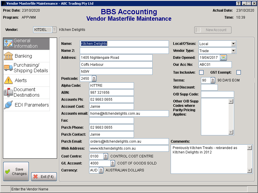 Vendor Masterfile Maintenance Screen Vendor Masterfile Maintenance Screen
